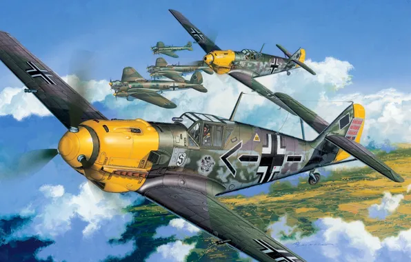 Картинка самолет, рисунок, вторая мировая, Ме-109, Luftwaffe, люфтваффе, мессершмитт, мesserschmitt