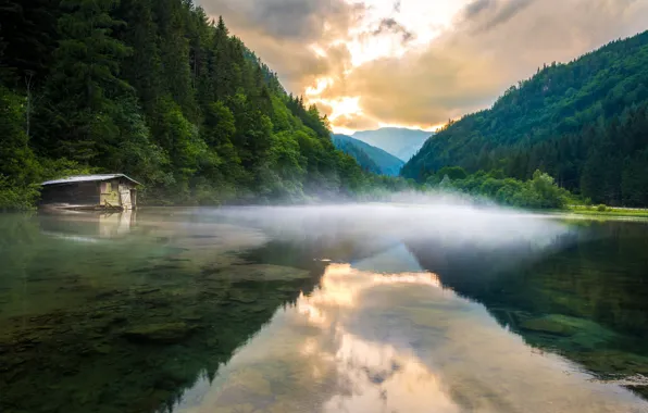 Картинка лес, горы, туман, озеро