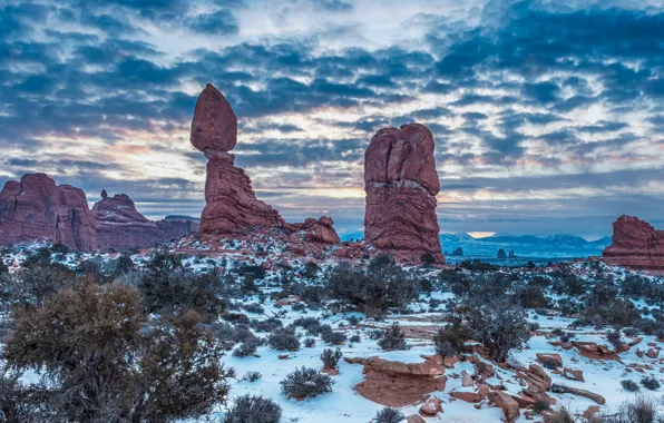 Зима, снег, природа, скалы, Юта, США, Arches National Park, Арчес