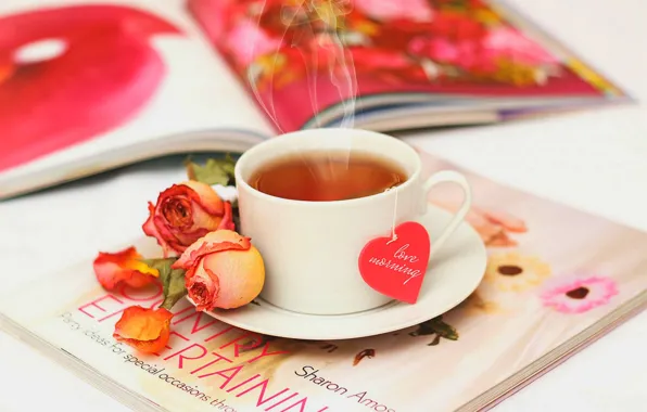 Картинка любовь, цветы, чай, сердце, розы, лепестки, чашка, love