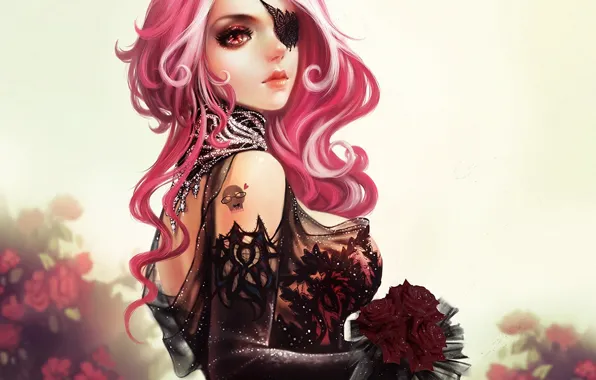 Девушка, цветы, букет, арт, повязка, кружево, розовые волосы