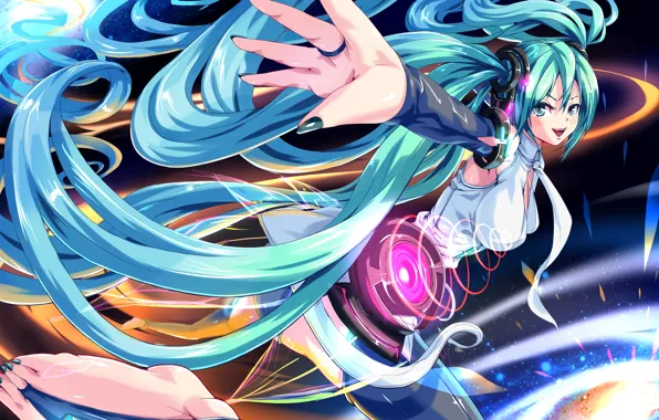 Небо, девушка, звезды, арт, vocaloid, hatsune miku, вокалоид, miku append