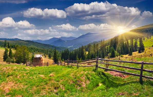Картинка трава, солнце, горы, деревня, nature, луга, countryside