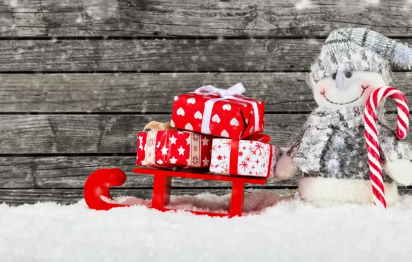 Картинка зима, снег, украшения, Новый Год, Рождество, подарки, снеговик, happy