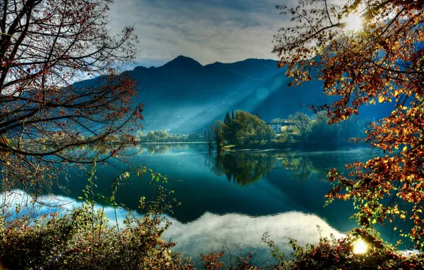 Картинка осень, деревья, пейзаж, горы, ветки, природа, озеро, Италия