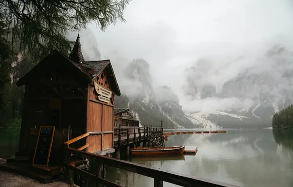 Italy, clouds, mountain, lake, dolomites, alpine, hut, boathouse
