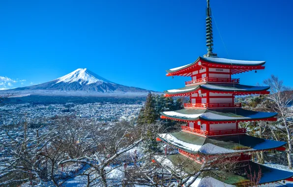 Картинка зима, гора, вулкан, Япония, Фудзи, панорама, пагода, Japan