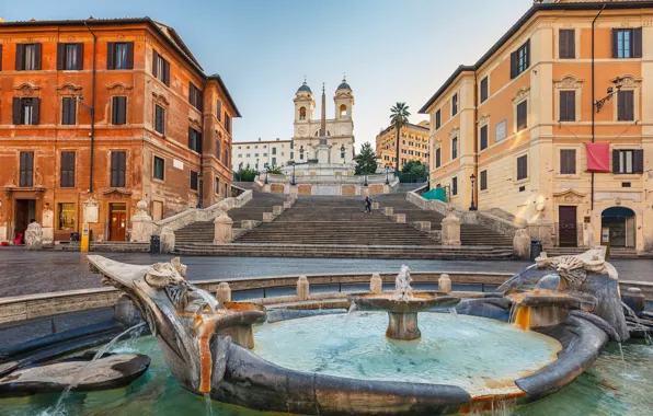 Картинка Рим, Италия, Испанская лестница, Площадь Испании, фонтан Баркачча