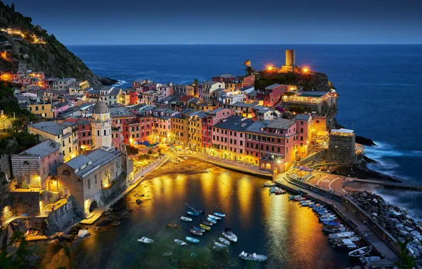 Море, побережье, здания, дома, лодки, Италия, ночной город, Italy