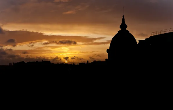 Картинка солнце, закат, Париж, крыши, силуэт