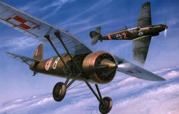 Картинка небо, рисунок, истребитель, арт, немецкий, воздушный бой, истребитель-моноплан, одномоторный