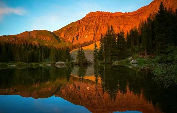 Лес, лето, небо, вода, отражения, горы, вечер, Колорадо