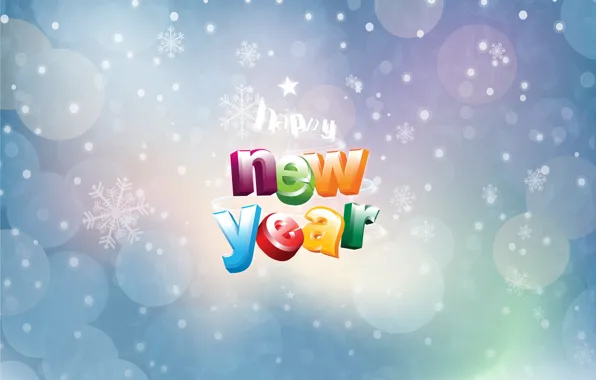 Картинка круги, снежинки, фон, надпись, happy new year, поздравление, новогодние обои