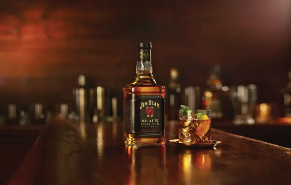 Бокал, бутылка, вечер, бар, алкоголь, виски, Bourbon, Jim Beam Black
