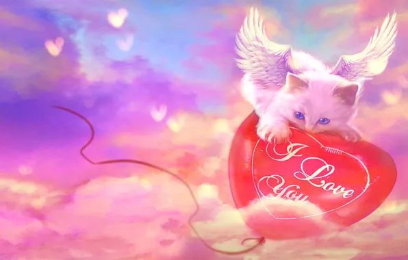 Кошка, надпись, крылья, сердечки, я люблю тебя, воздушный шар