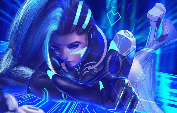 Девушка, лежит, синий цвет, Overwatch, Sombra