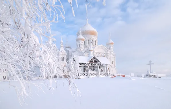 Картинка зима, снег, пейзаж, природа, дерево, храм, Россия, Пермский край