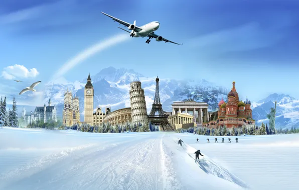 Картинка горы, здания, статуя, лыжники, самолёт, пиза, сабор, Зима.снег