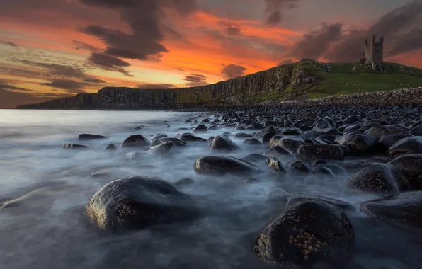 Море, небо, закат, камни, Англия, графство Нортумберленд, Замок Данстанборо