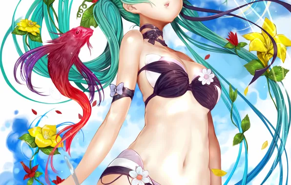 Girl, sexy, Hatsune Miku, cleavage, Vocaloid, green eyes, long hair, boobs