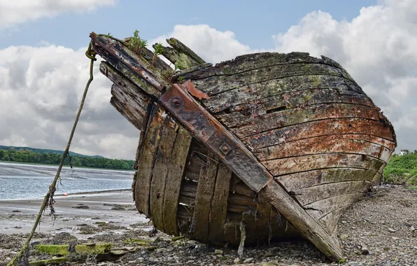 Картинка побережье, Шотландия, Керкубри (Kirkcudbright), Ветхая заброшенная лодка