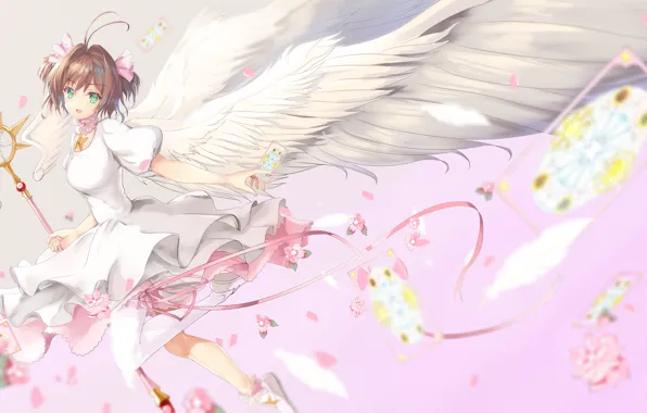 Девушка, карта, крылья, ангел, аниме, арт, kinomoto sakura, card captor sakura