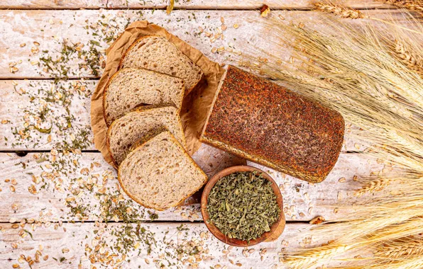 Пшеница, доски, рожь, хлеб, кусочки, колосья, миска, злаки