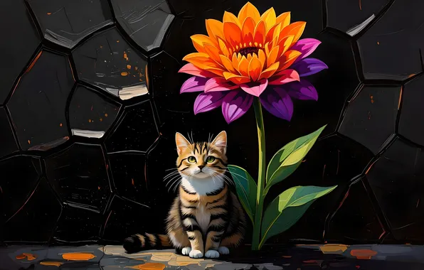 Кошка, цветок, взгляд, листья, свет, оранжевый, поза, котенок