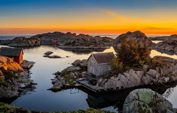 Картинка море, небо, закат, камни, берег, горизонт, Норвегия, домики
