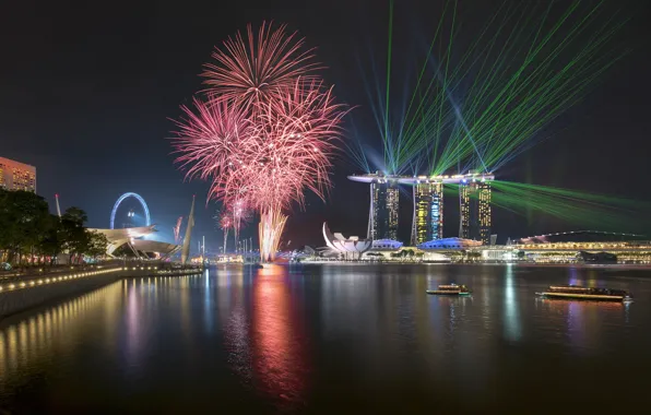 Lights, огни, небоскребы, салют, Сингапур, архитектура, мегаполис, blue