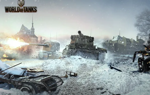 Зима, разрушения, танки, Мир танков, World of Tanks