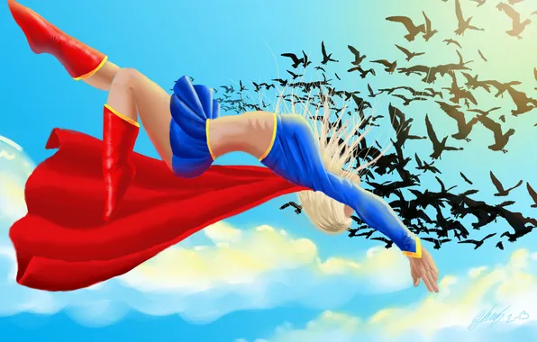 Небо, полет, птицы, арт, костюм, плащ, DC Comics, Supergirl