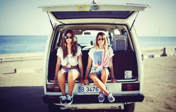 Beach, vintage, sunset, brunette, blonde, glasses, camper
