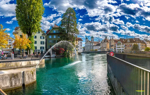Облака, Дома, Швейцария, Набережная, Фонтаны, Реки, Luzern