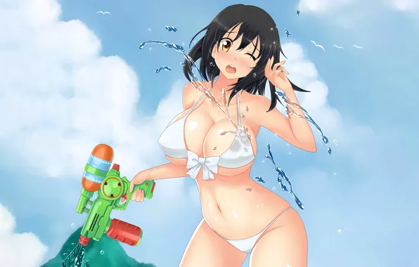 Girl, sexy, cleavage, brown eyes, boobs, anime, water, Asuka