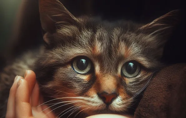 Грусть, кошка, кот, взгляд, поза, темный фон, серый, рука