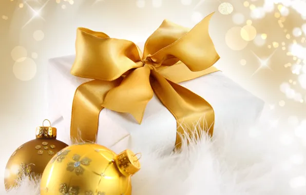 Картинка шарики, золото, праздник, коробка, подарок, шары, блестки, Новый Год