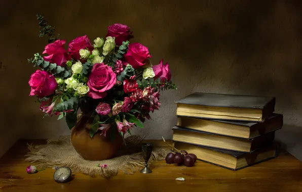Цветы, стиль, часы, книги, розы, букет, виноград, натюрморт
