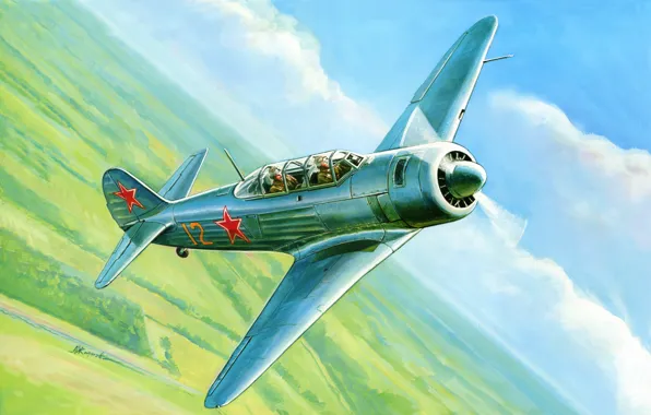 Картинка небо, рисунок, истребитель, арт, советский, учебно-тренировочный, Як-11