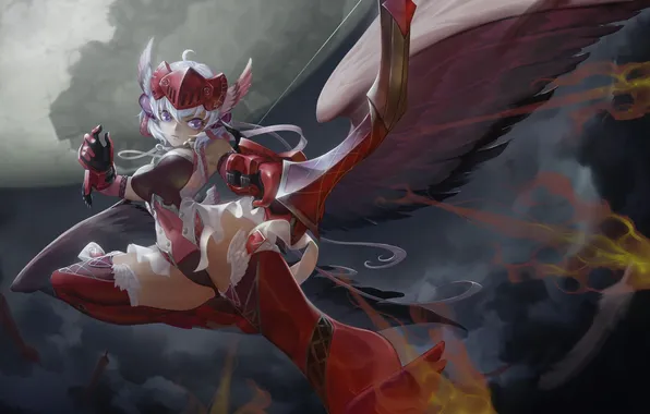 Девушка, крылья, лук, арт, стрелы, огненные, senki zesshou symphogear, yukine chris