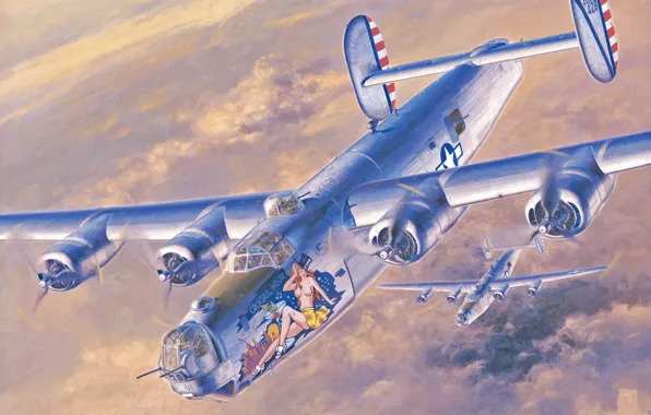 Картинка war, art, painting, aviation, ww2, american bomber, Consolidated B-24 Liberator