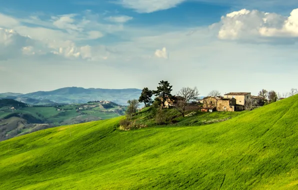 Картинка небо, трава, деревья, горы, дом, Италия