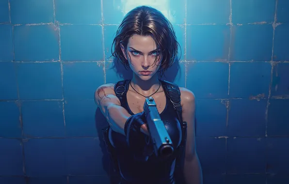 Девушка, пистолет, брюнетка, Resident Evil, digital art, Джилл Валентайн, Jill Valentine