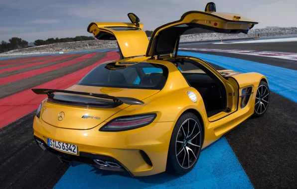Картинка желтый, Mercedes-Benz, двери, Мерседес, вид сзади, AMG, SLS, Black Series