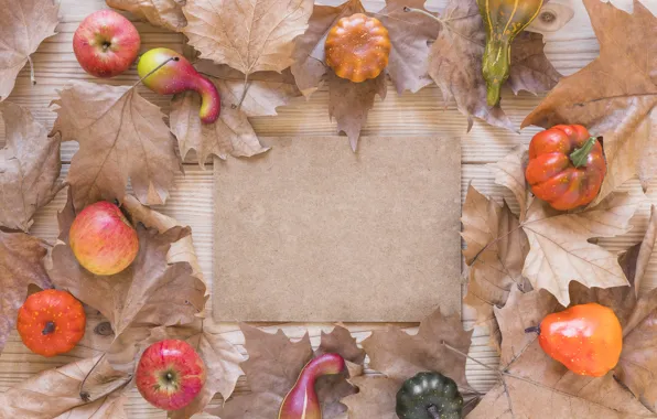 Осень, листья, фон, яблоки, доски, colorful, тыква, клен