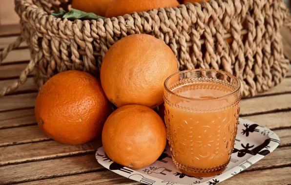 Стакан, апельсины, фрукты, корзинка, апельсиновый сок