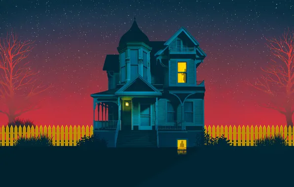 Картинка небо, ночь, дом, минимализм, house, sky, minimalism, night