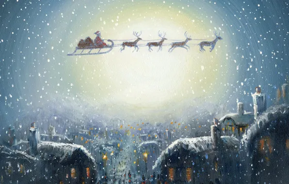 Картинка снег, город, огни, праздник, окна, рождество, подарки, домики