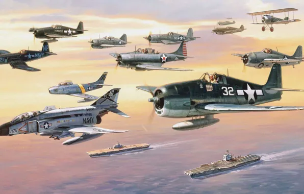Картинка океан, самолеты, ВВС, разных, небе, авианосцы., эпох