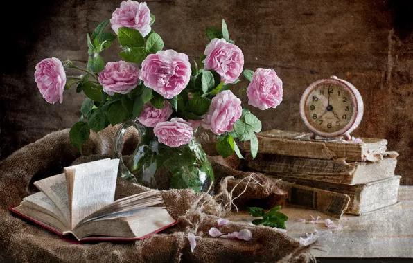 Цветы, книги, розы, букет, будильник, натюрморт